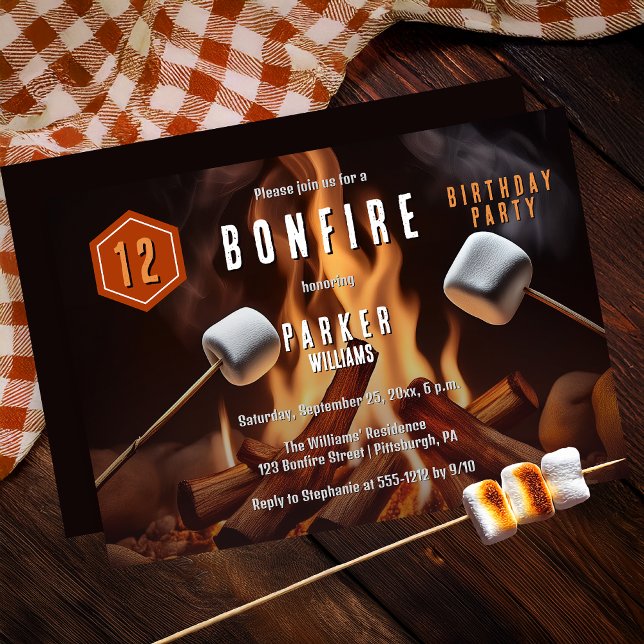 Bonfire Marshmallow Roast 12:e Födelsedagsfest Inbjudningar (Bonfire Marshmallow Roast 12th Birthday Party Invitation - Print | Digital Download)