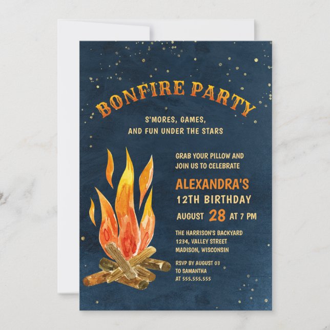 Bonfire Party Night Watercolor Roligt Birday Inbjudningar (Framsida)