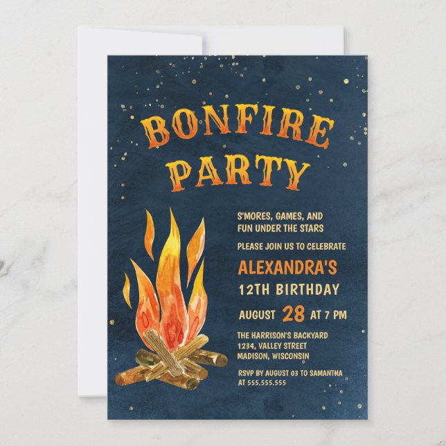 Bonfire Party Watercolor Blue Orange Birthday Inbjudningar (Framsida)