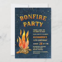 Bonfire Party Watercolor Blue Orange Birthday Inbjudningar