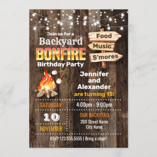 Bonfire Syskon Födelsedagsfest Inbjudningar
