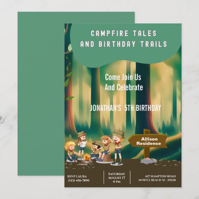 Bonfire Woodland camping utomhus födelsedagsfest Inbjudningar (Fram/baksida)