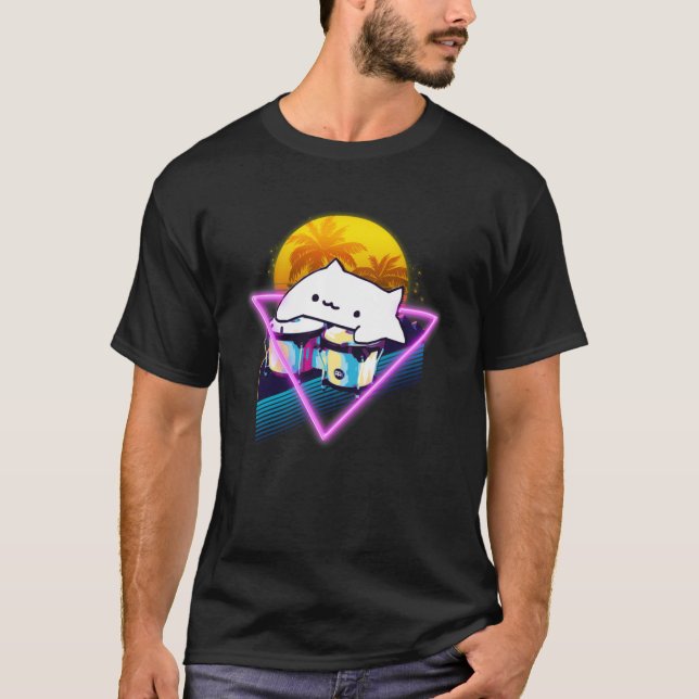 Bongo Cat Retro 80s Vaporwave Outrun Stil T Shirt (Framsida)
