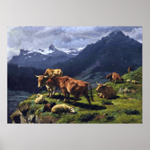 Bonheur - Nötkreatur och får i ett alplandskap Poster
