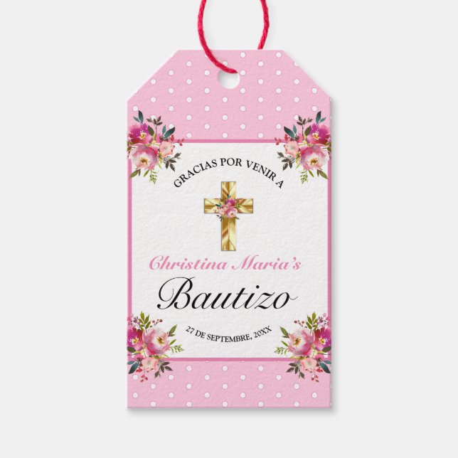Bonito Rosa Blommigt Oro Cruz Bautismo Gracias Presentetikett (Framsidan)