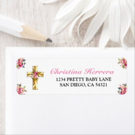 Bonito Rosa Blommigt Oro Cruz Bautismo Returadress Etikett
