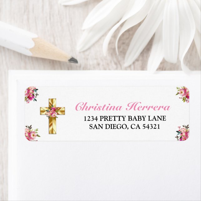 Bonito Rosa Blommigt Oro Cruz Bautismo Returadress Etikett (Insitu)