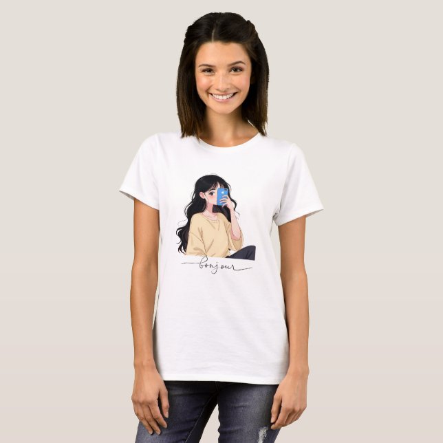 Bonjour Aesthetic Girl Selfie Illustration T Shirt (Hel framsida)