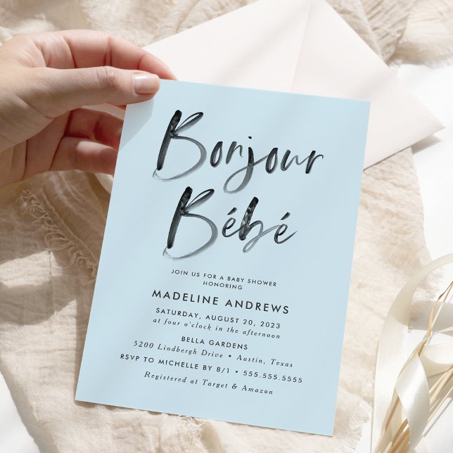 Bonjour Bebe Blå Fransk Bebis Shower Inbjudningar (Skapare uppladdad)