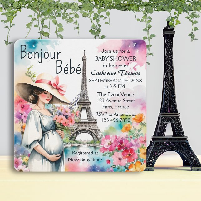Bonjour Bebe Blommigt Eiffel Torn Paris Baby Showe Inbjudningar (Skapare uppladdad)