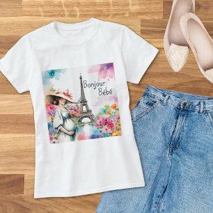 Bonjour Bebe Blommigt Eiffel Torn Paris Mamma skal T Shirt