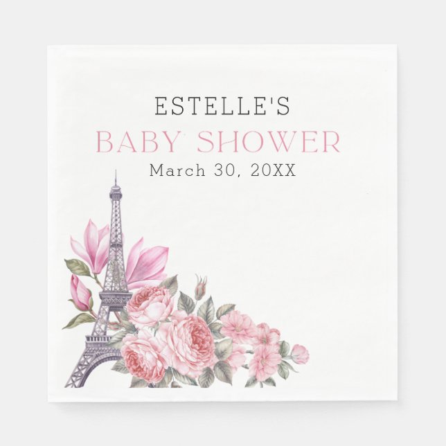 Bonjour Bebe | Blommigt Fransk Baby Shower Pappersservett (Framsidan)