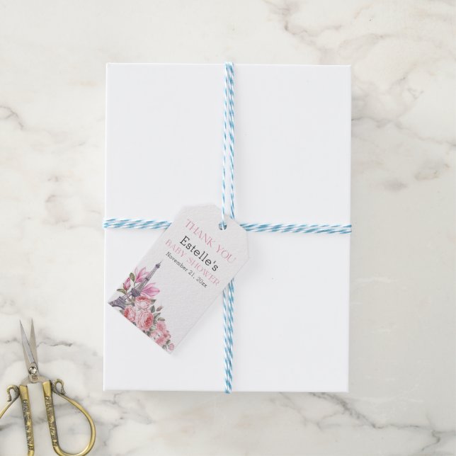 Bonjour Bebe | Blommigt Fransk Baby Shower Presentetikett (Med Snöre)