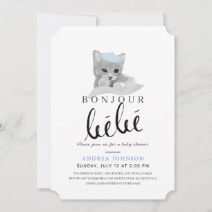 Bonjour Bebe Blue Beret Cat Boy Shower Inbjudningar