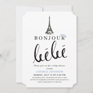Bonjour Bebe Blue Beret Eiffel Torn Baby Shower Inbjudningar