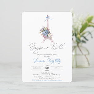 Bonjour Bebe, Blue Blommigt Eiffel Paris Baby Show Inbjudningar