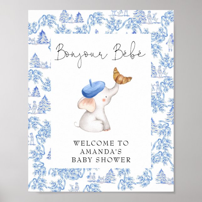 Bonjour Bebe Blue Fransk Boy Welcome Baby Shower Poster (Framsidan)