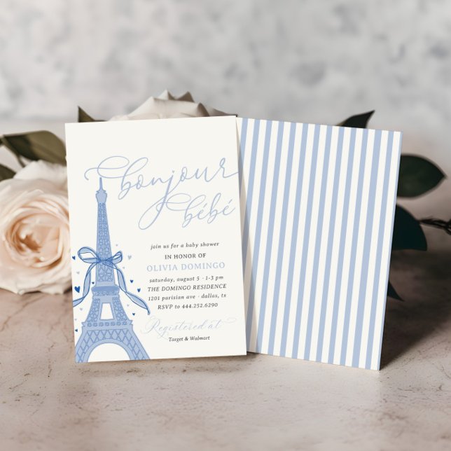 Bonjour Bébé Blue Paris Eiffel Torn Baby Shower Inbjudningar (Skapare uppladdad)