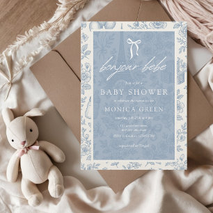 Bonjour Bebe Blue Toile Fransk Boy Shower Inbjudningar