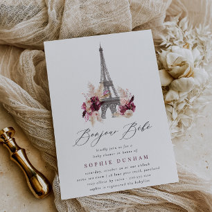 Bonjour Bébé Burgundy Blommig Paris Barnrumsfirand Inbjudningar