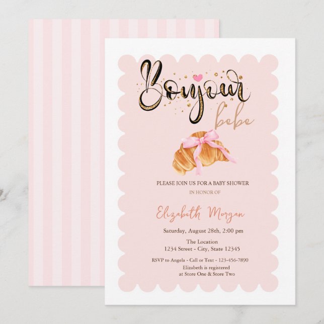 Bonjour Bébé Croissant  Bow Randig Baby Shower Inbjudningar (Fram/baksida)