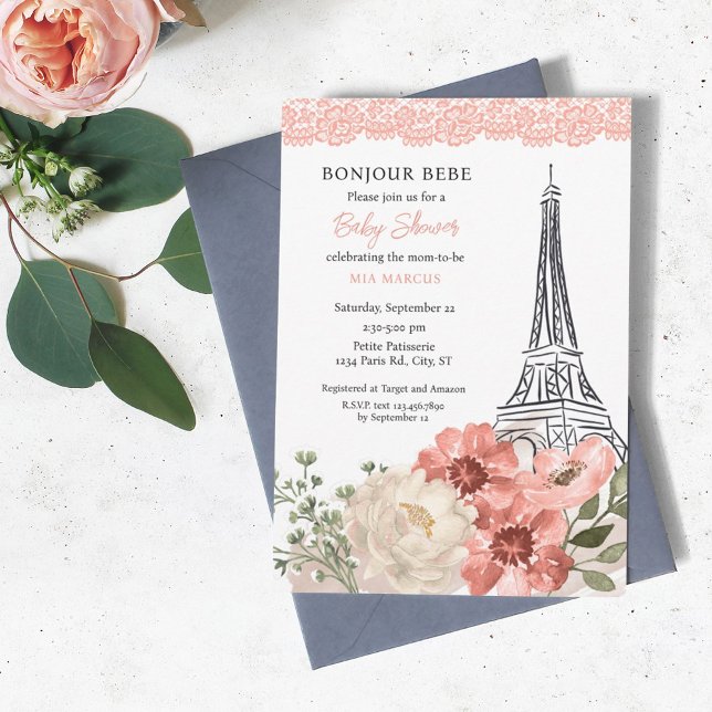 Bonjour Bebe Eiffel Torn Paris Baby Shower Inbjudningar (Skapare uppladdad)