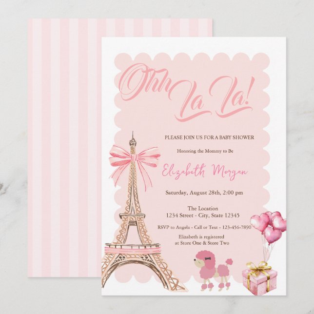 Bonjour Bébé Eiffel Tower Bow Striped Baby Shower Inbjudningar (Fram/baksida)