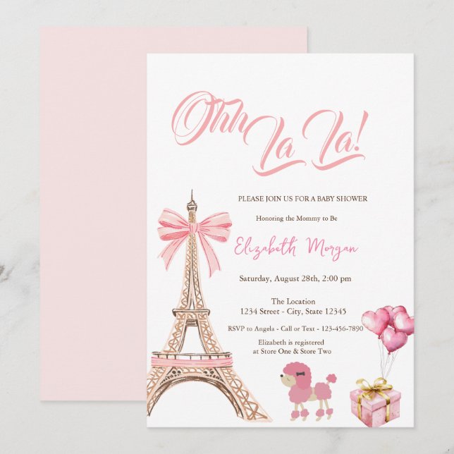 Bonjour Bébé Eiffel Tower Pink Bow  Present Poodle Inbjudningar (Fram/baksida)