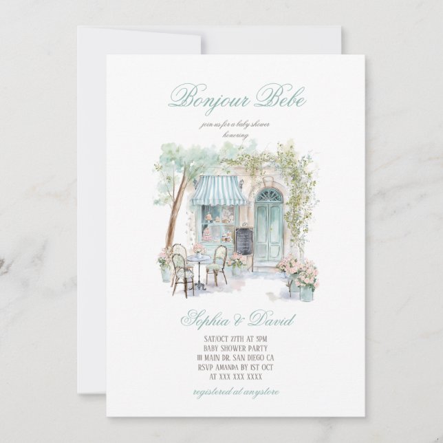 Bonjour Bebe Fransk Blommig Kaffe Babyshower  Inbjudningar (Framsida)