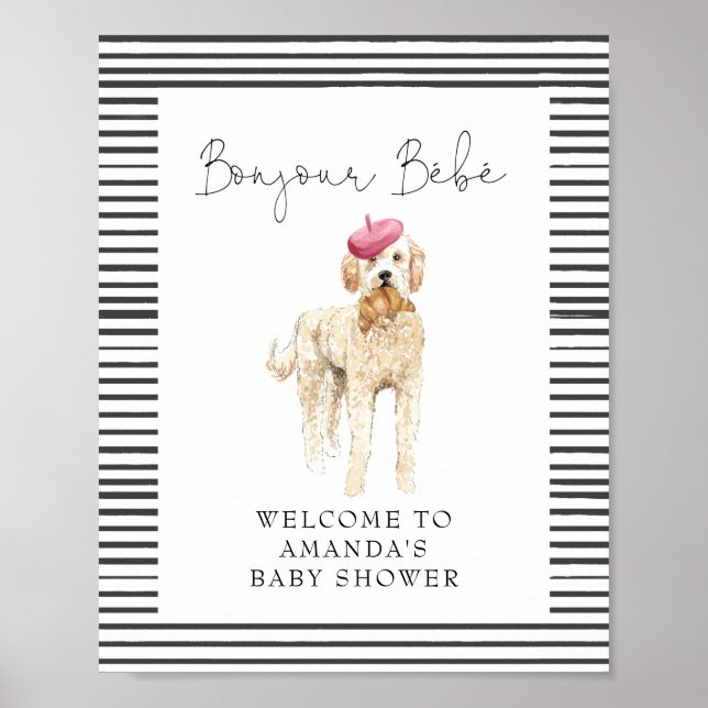 Bonjour Bebe Fransk Doodle Välkommen Baby Shower Poster (Framsidan)