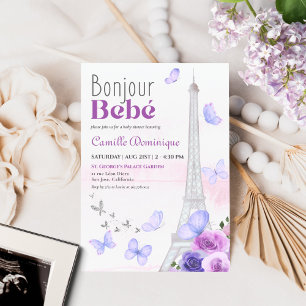 Bonjour Bebé Fransk Eiffel Lavender Butterflies Inbjudningar
