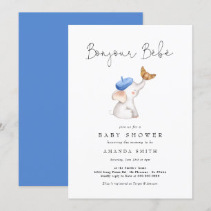 Bonjour Bebe Fransk Elephant Blue Baby Shower Inbjudningar