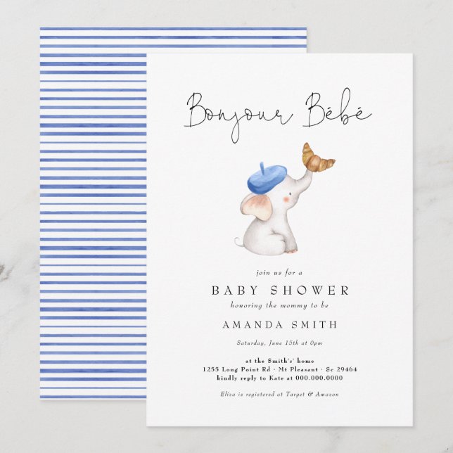 Bonjour Bebe Fransk Elephant Pojke Shower Blue Inbjudningar (Fram/baksida)