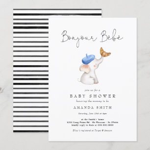 Bonjour Bebe Fransk Elephant Pojke Shower Inbjudningar