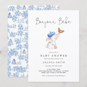 Bonjour Bebe Fransk Elephant Pojke Shower Toile Inbjudningar