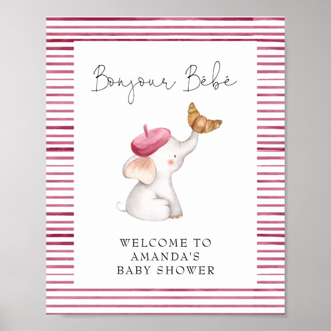 Bonjour Bebe Fransk Elephant Welcome Baby Shower Poster (Framsidan)