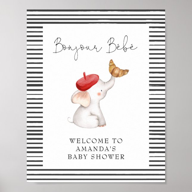 Bonjour Bebe Fransk Elephant Welcome Baby Shower Poster (Framsidan)