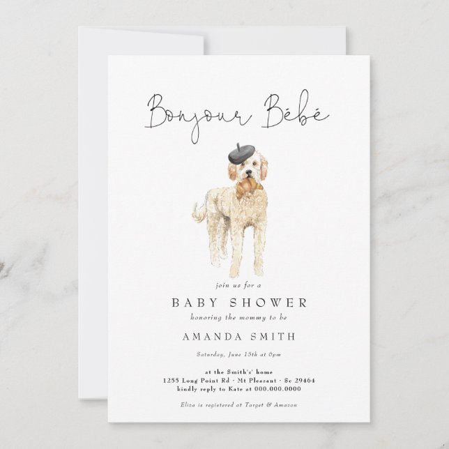 Bonjour Bebe Fransk Golden Doodle Baby Shower Inbjudningar (Framsida)