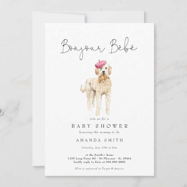 Bonjour Bebe Fransk Golden Doodle Baby Shower Inbjudningar (Framsida)