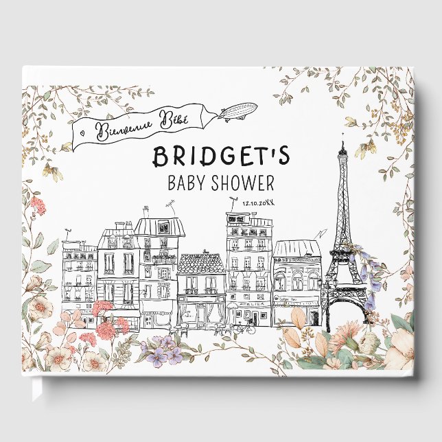 Bonjour Bebe Fransk Kön Neutral Baby Shower Gästböcker (Framsida)