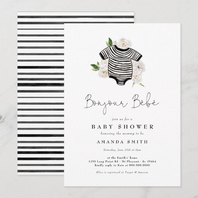 Bonjour Bebe Fransk Kön Neutral Baby Shower Inbjudningar (Fram/baksida)