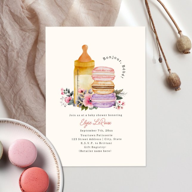 Bonjour Bébé Fransk Macarons & Mjölk Baby Shower Inbjudningar (Skapare uppladdad)