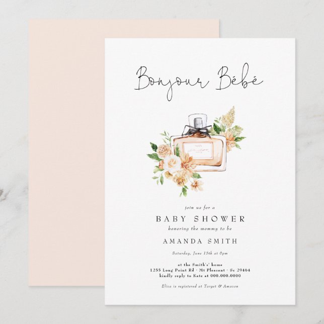 Bonjour Bebe Fransk Parfym Blommigt Baby Shower Inbjudningar (Fram/baksida)