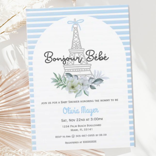 Bonjour Bebe Fransk Paris Blue Boy Baby Shower Inbjudningar (Skapare uppladdad)