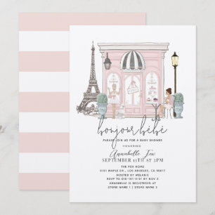 Bonjour Bébé Fransk Paris Cafe Rosa Baby Shower Inbjudningar