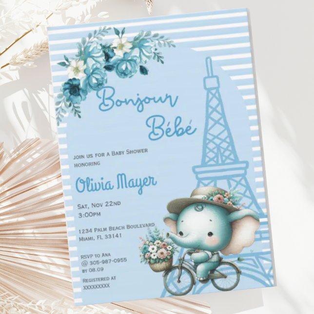 Bonjour Bebe Fransk Paris Elephant Baby Shower Inbjudningar (Skapare uppladdad)
