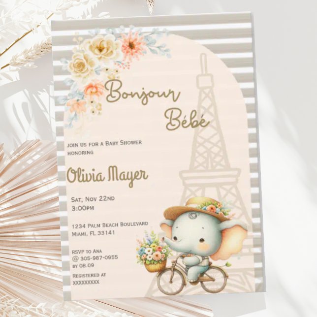 Bonjour Bebe Fransk Paris Elephant Baby Shower Inbjudningar (Skapare uppladdad)