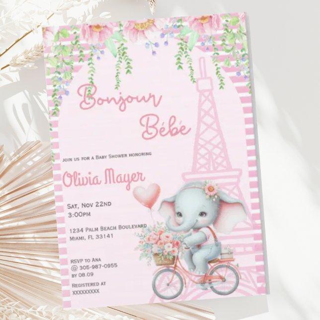 Bonjour Bebe Fransk Paris Elephant Baby Shower Inbjudningar (Skapare uppladdad)