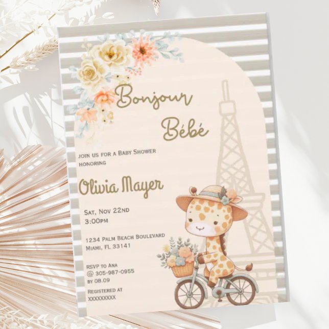 Bonjour Bebe Fransk Paris Giraffe Baby Shower Inbjudningar (Skapare uppladdad)