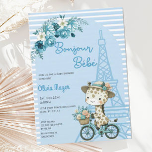 Bonjour Bebe Fransk Paris Giraffe Blue Baby Shower Inbjudningar
